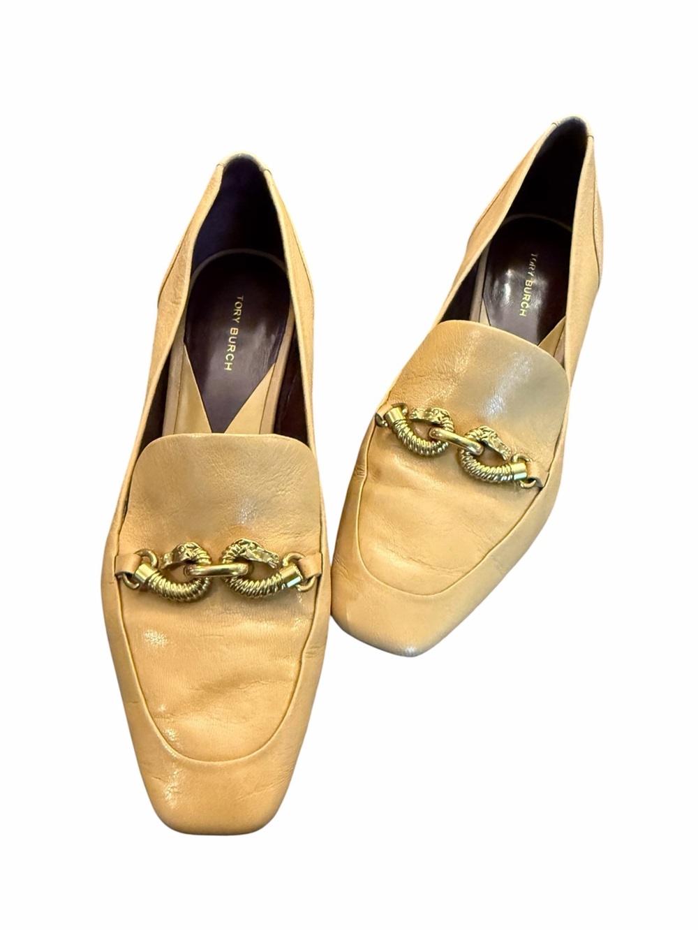 Tory Burch Jessa Heeled Loafer $358 Leather 8M Beige Gold Horsebit Block Heel
